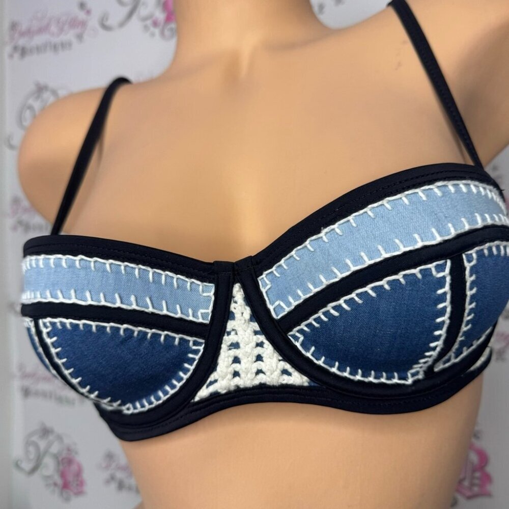 Triangl swimwear top bikini denim jean crochet blue navy cream snap back closure - Picture 10 of 14